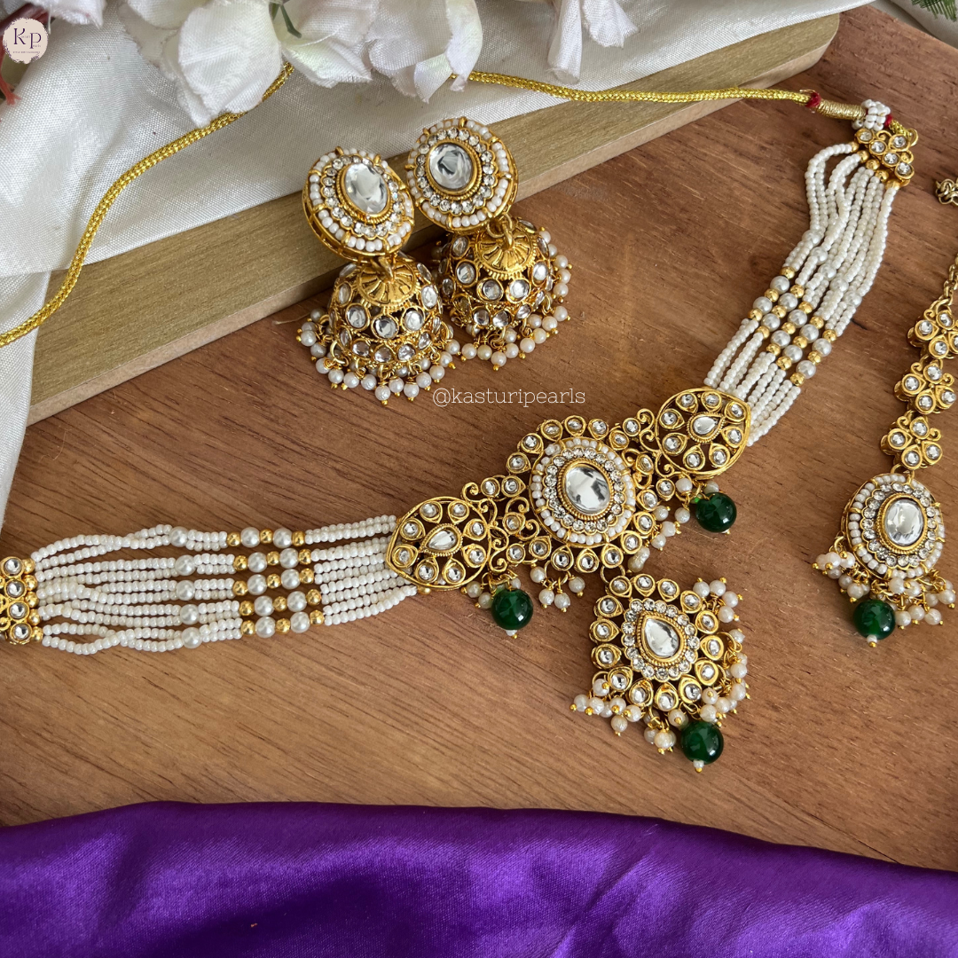 Kashvi Kundan Moti choker set - Green