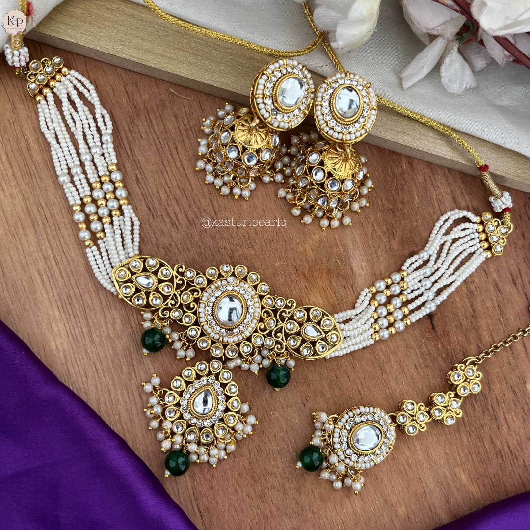 Kashvi Kundan Moti choker set - Green