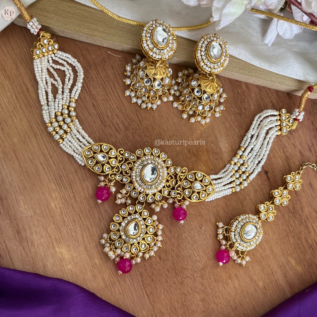 Kashvi Kundan Moti choker set - PINK