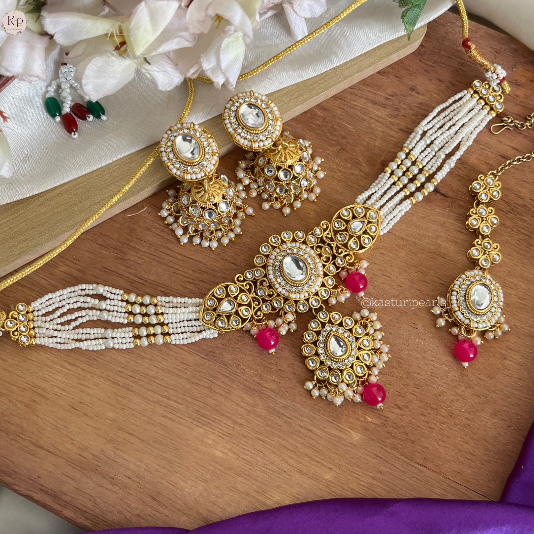 Kashvi Kundan Moti choker set - PINK