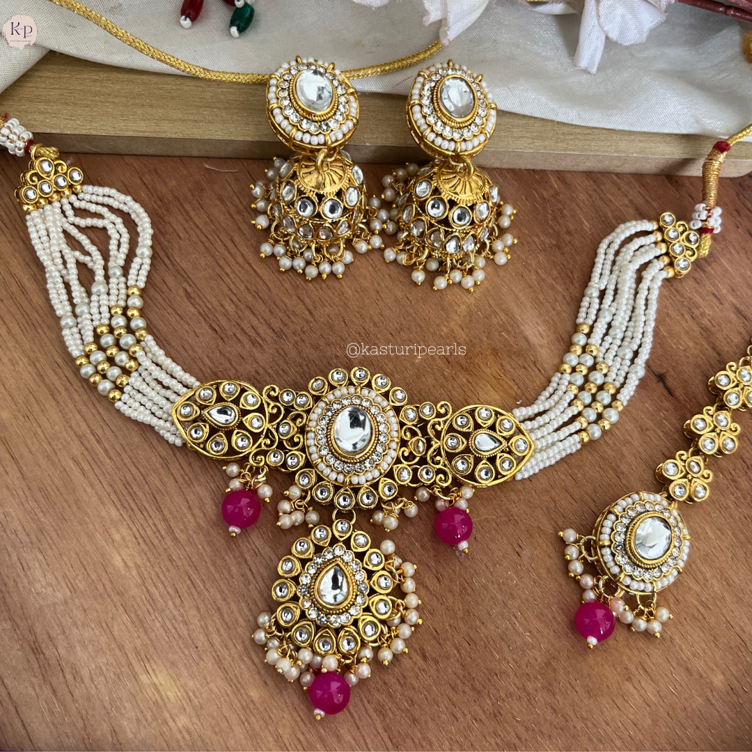 Kashvi Kundan Moti choker set - PINK