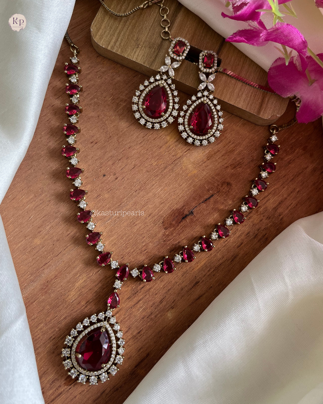 Kaamini Red American Diamond Necklace set