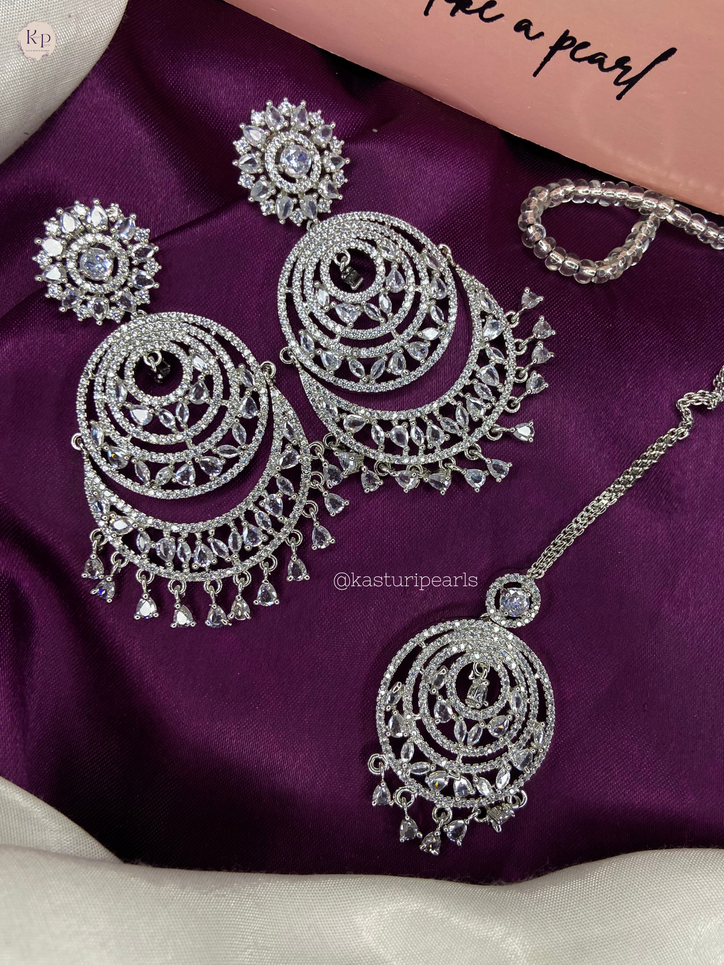 shrina American Diamond chandbali Tikka set