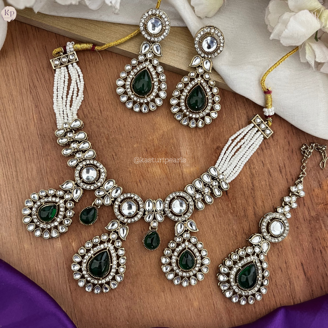 Jhanak GREEN kundan Moti Necklace set