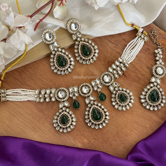 Jhanak GREEN kundan Moti Necklace set