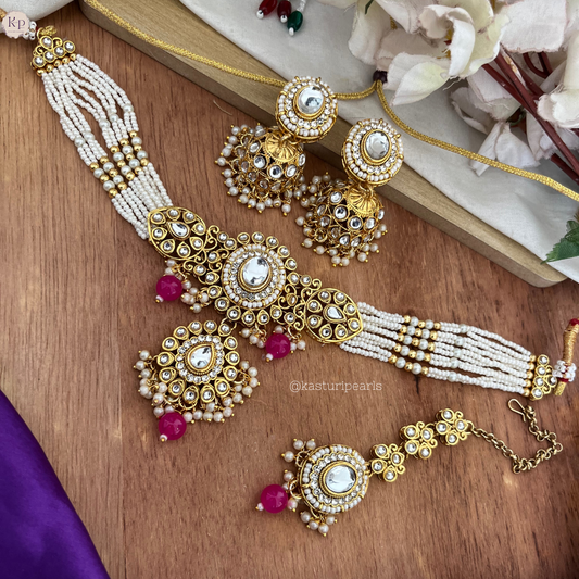 Kashvi Kundan Moti choker set - PINK