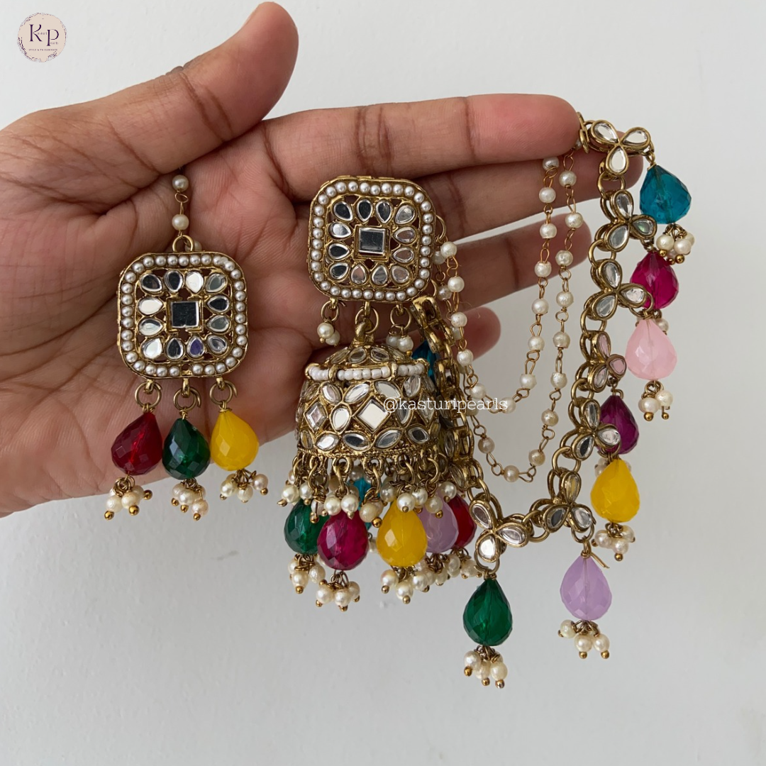 Mirror Jhumka with saharey chain & tikka